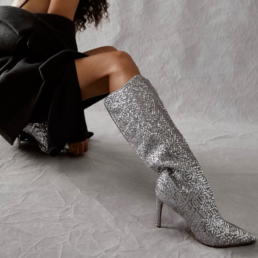 NEW Womens Size 11 Free People Vicenza After Midnight Silver Sequin Pointed Boot